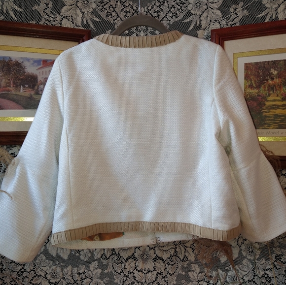 Mark Zunino white beige crop jacket pleated ribbon edges knit tweed bell sleeves - Picture 4 of 7